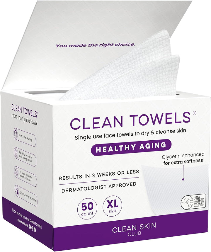 lean Skin Club Clean Towels XL Healthy Aging™, Smooths Fine Lines Wrinkles & Texture In 6 Weeks, Treated for Extra Softness, Disposable Face Towels, Anti Aging Makeup Remover Dry Wipe (50 Ct, 1 Pack)