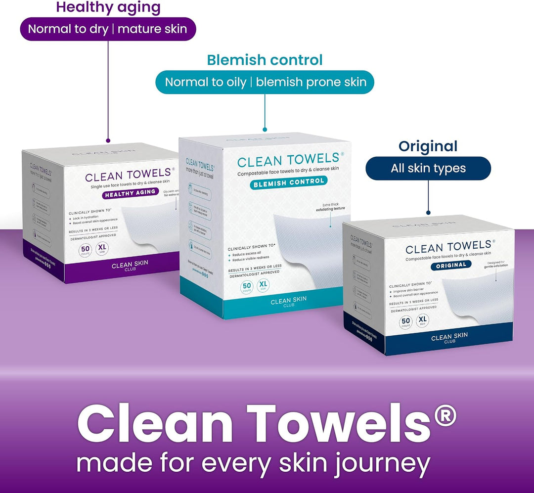 lean Skin Club Clean Towels XL Healthy Aging™, Smooths Fine Lines Wrinkles & Texture In 6 Weeks, Treated for Extra Softness, Disposable Face Towels, Anti Aging Makeup Remover Dry Wipe (50 Ct, 1 Pack)